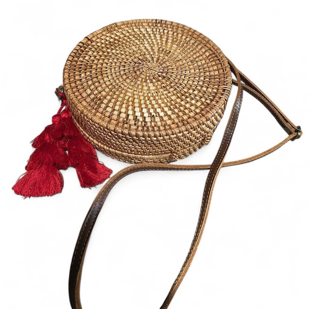 Boho Chic Woven Crossbody Bag with Red Tassels